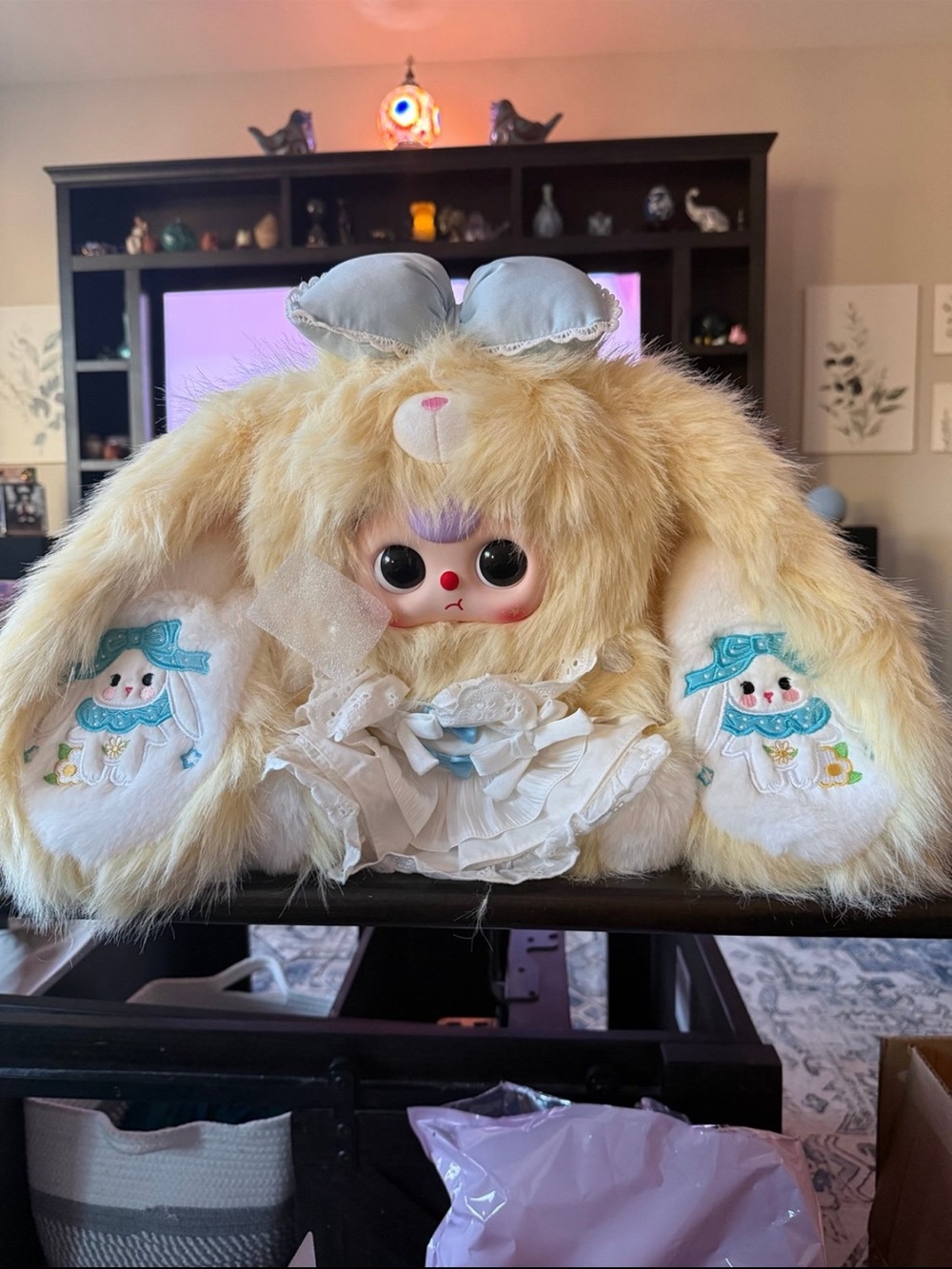 Plush Bunny Doll Coat for Kids - Cream with Blue Accents